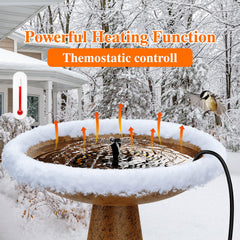 lollyes Bird Bath Heater fountain pump creating gentle winter water splashes for birds.