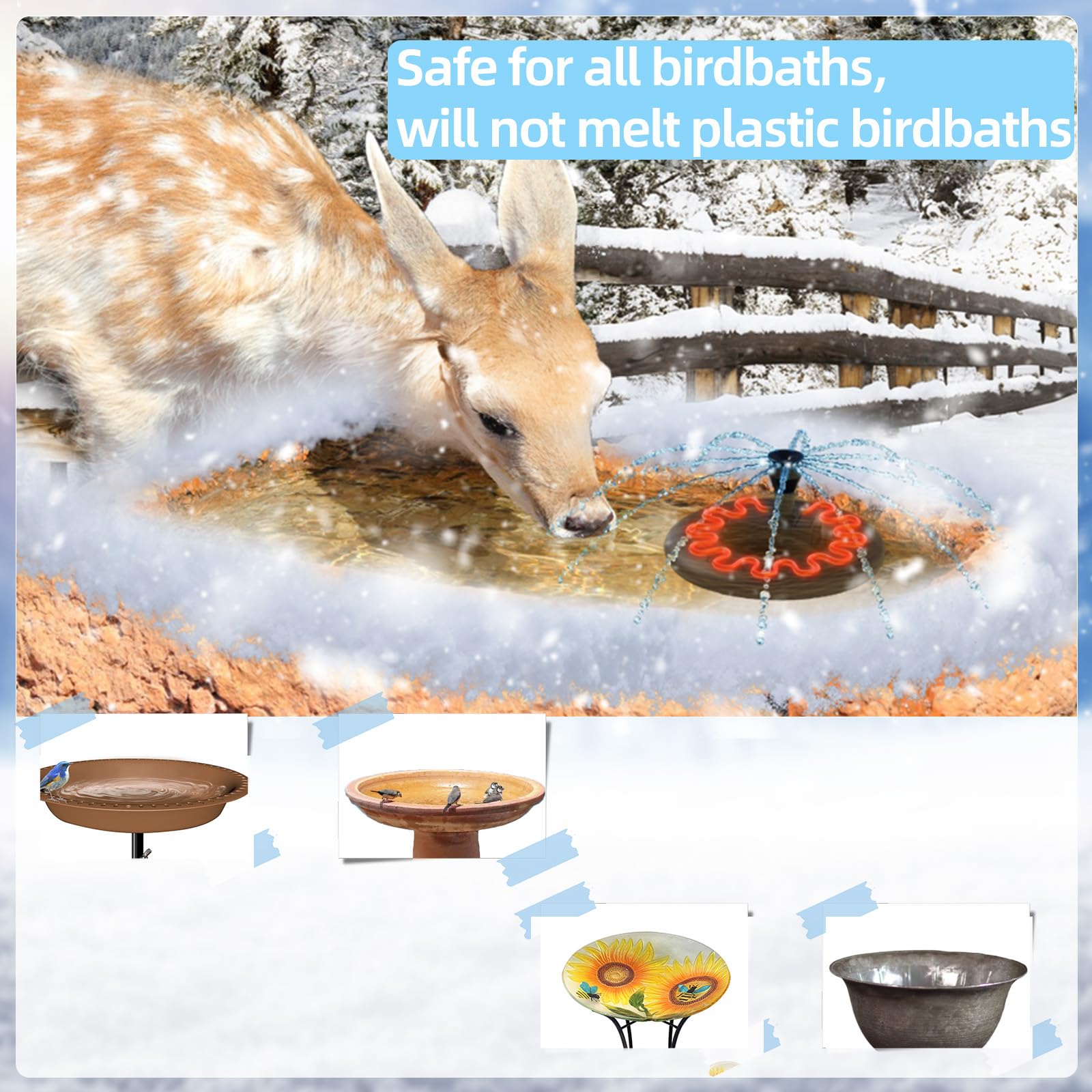 Lollyes installation-ready heater fits standard bird baths with easy setup