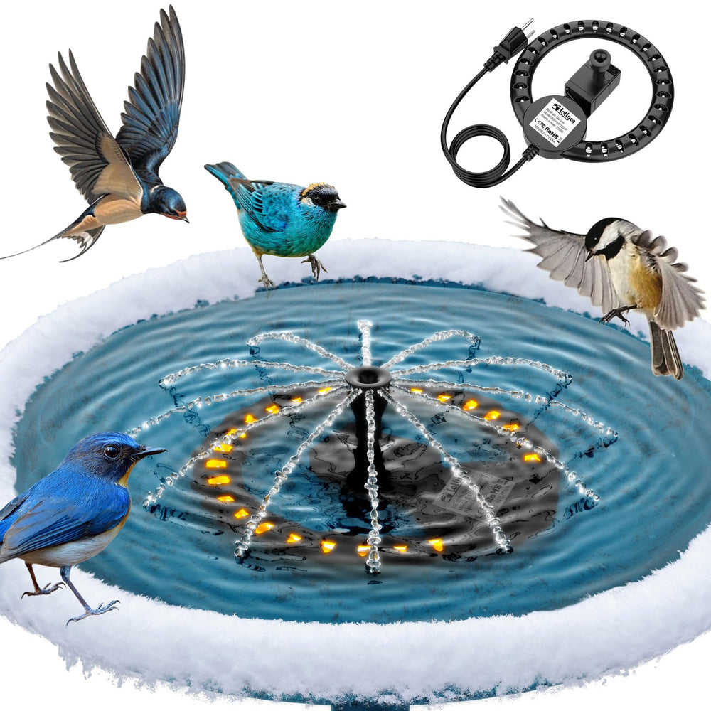 lollyes Bird Bath Heater in action keeps water moving for winter birds.