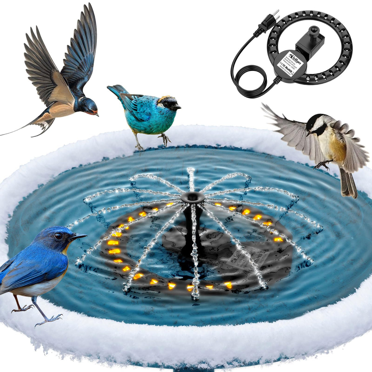 lollyes Bird Bath Heater in action keeps water moving for winter birds.