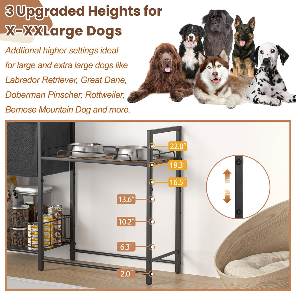 Lomivra elevated dog bowls stand storage-basket keeps bowls, toys and supplies organized.
