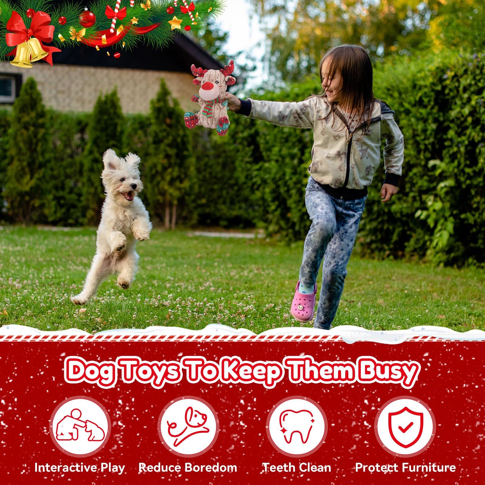 Loncoldy plush Christmas reindeer toy supports owner-pet interaction during cuddle and play.