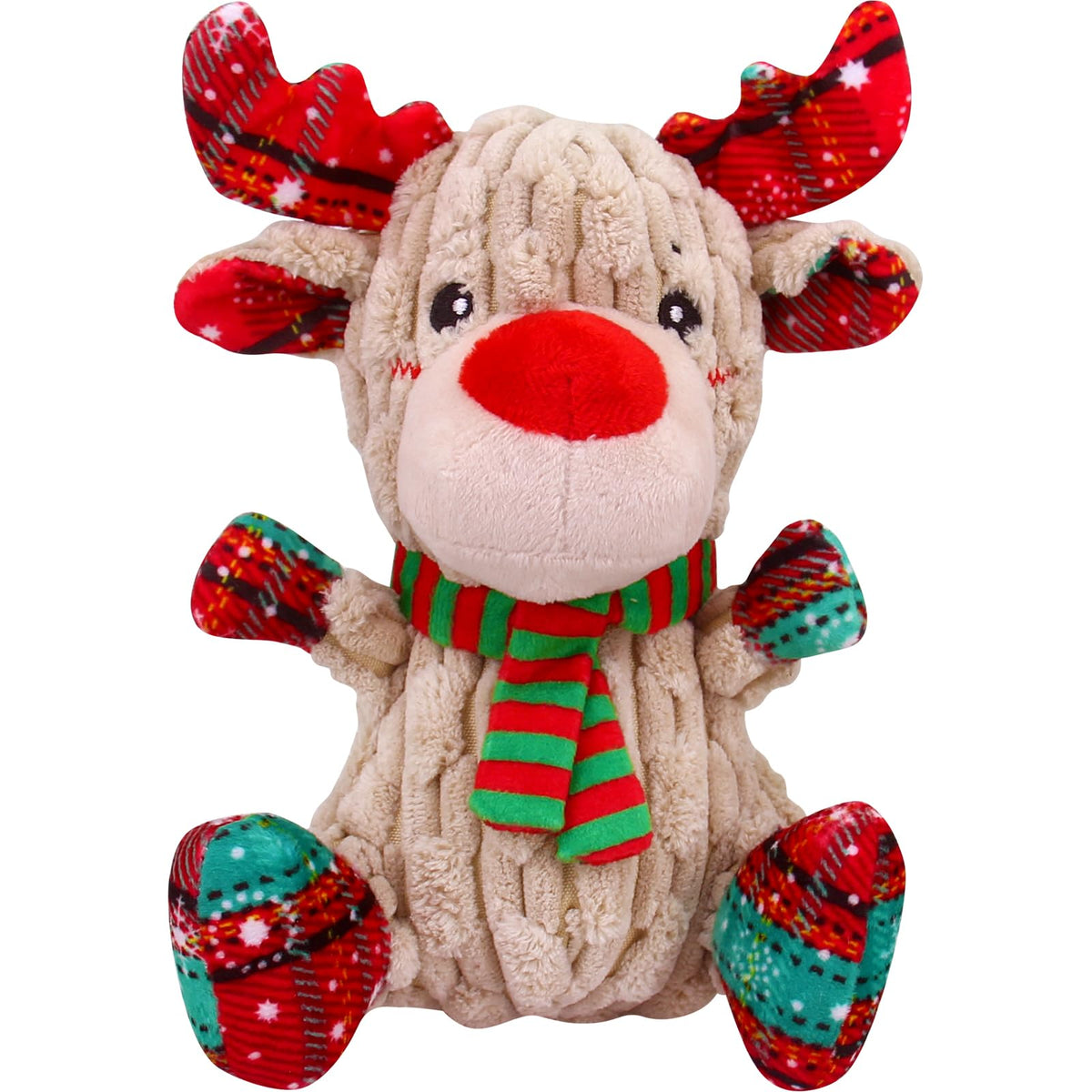 Loncoldy Christmas Reindeer front view dog toy for engaging squeaks and festive cuddles.