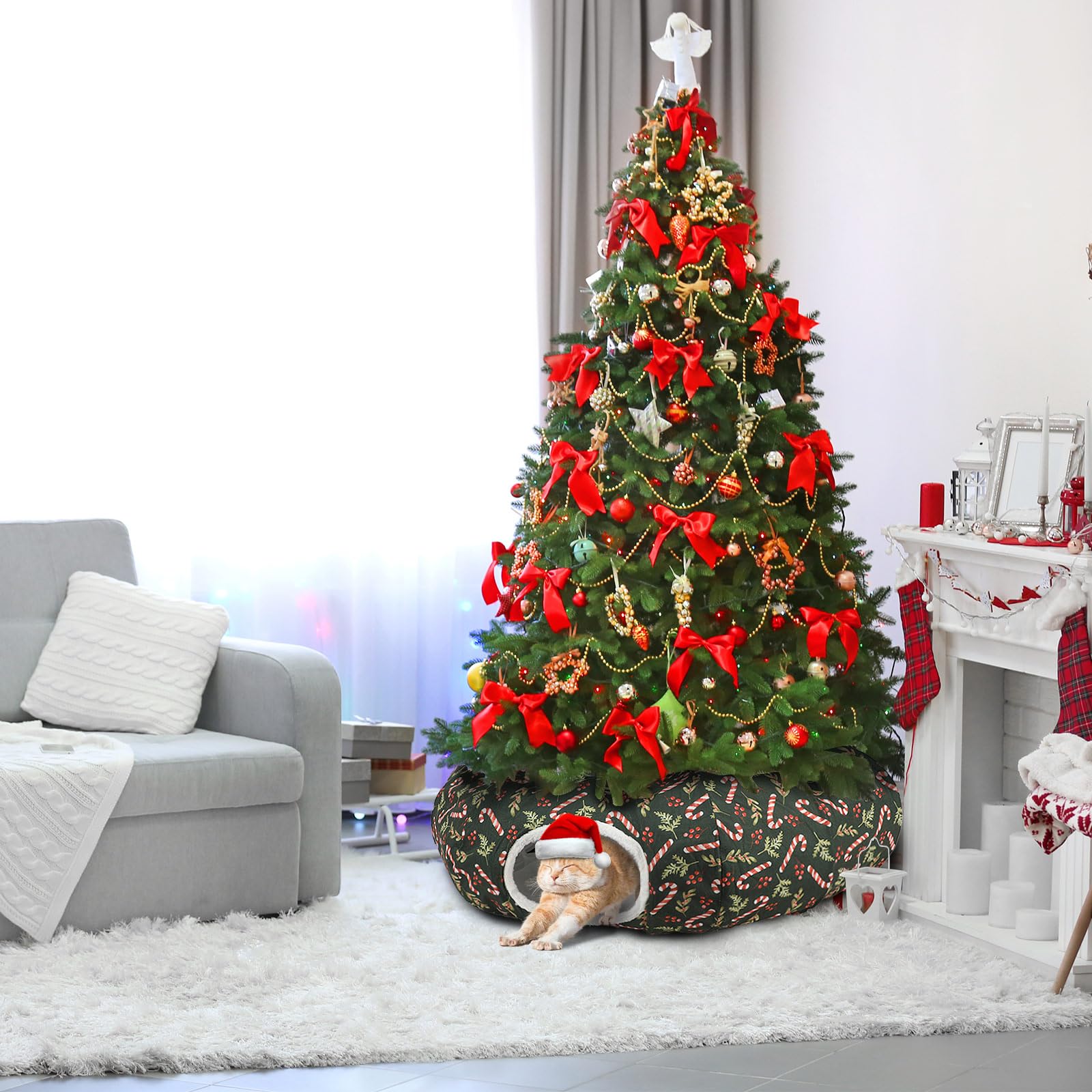 Lonepetu cat tunnel tree skirt use blends décor with a playful hideout.