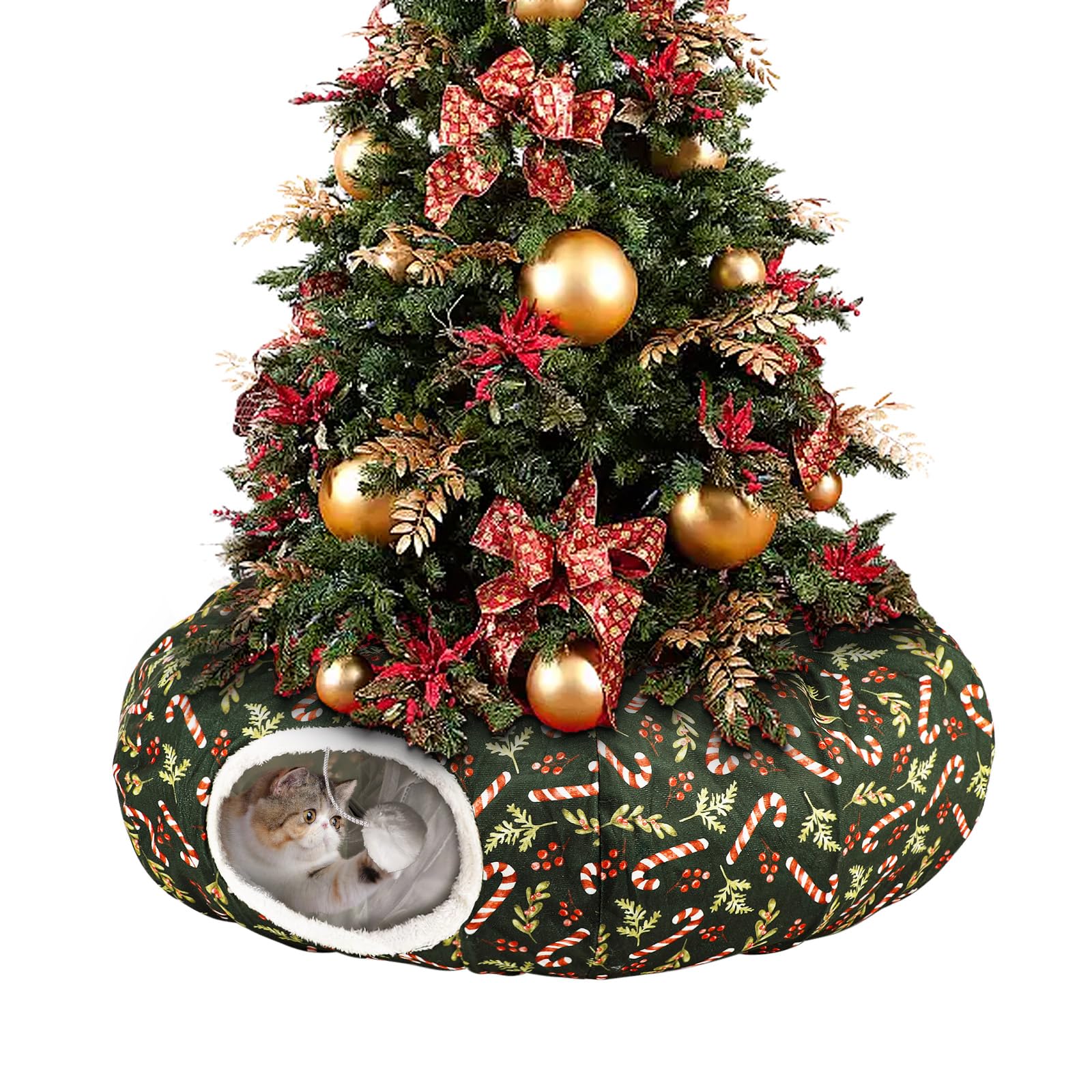 Lonepetu cat tunnel under tree donut in festive green inviting cozy playtime.