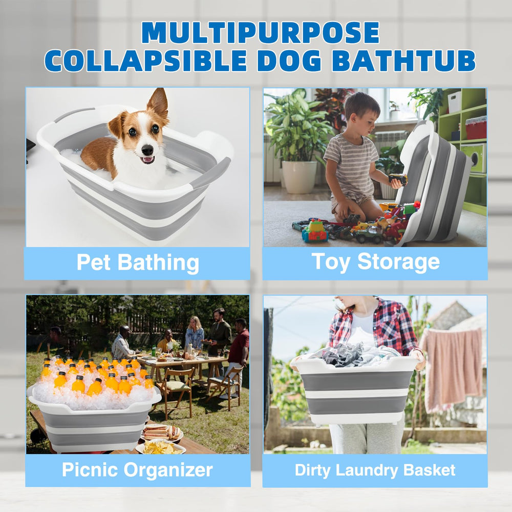 Lonepetu collapsible dog bathtub used as laundry organizer or storage.
