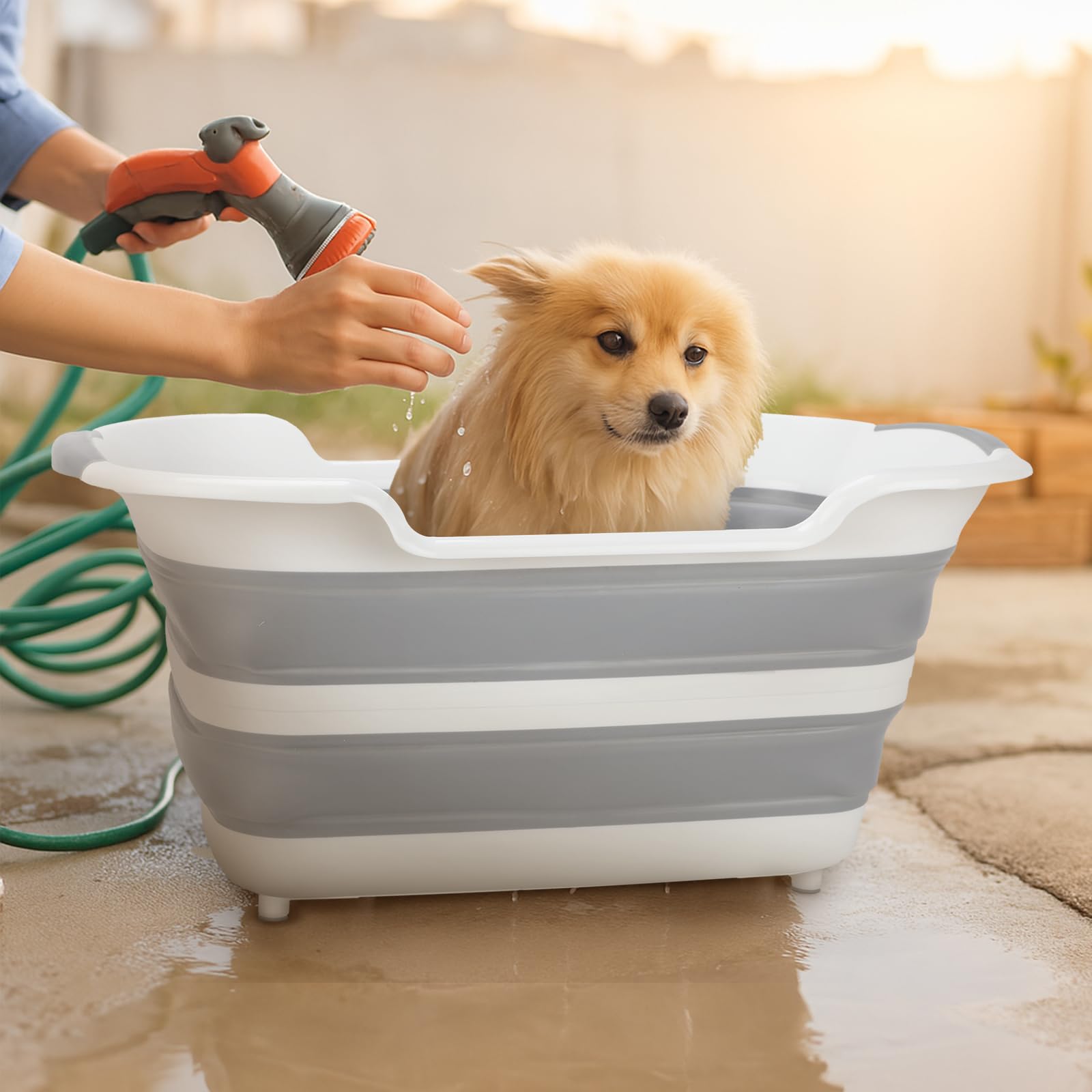 Lonepetu collapsible dog bathtub pet hair collector helps tidy up after baths.