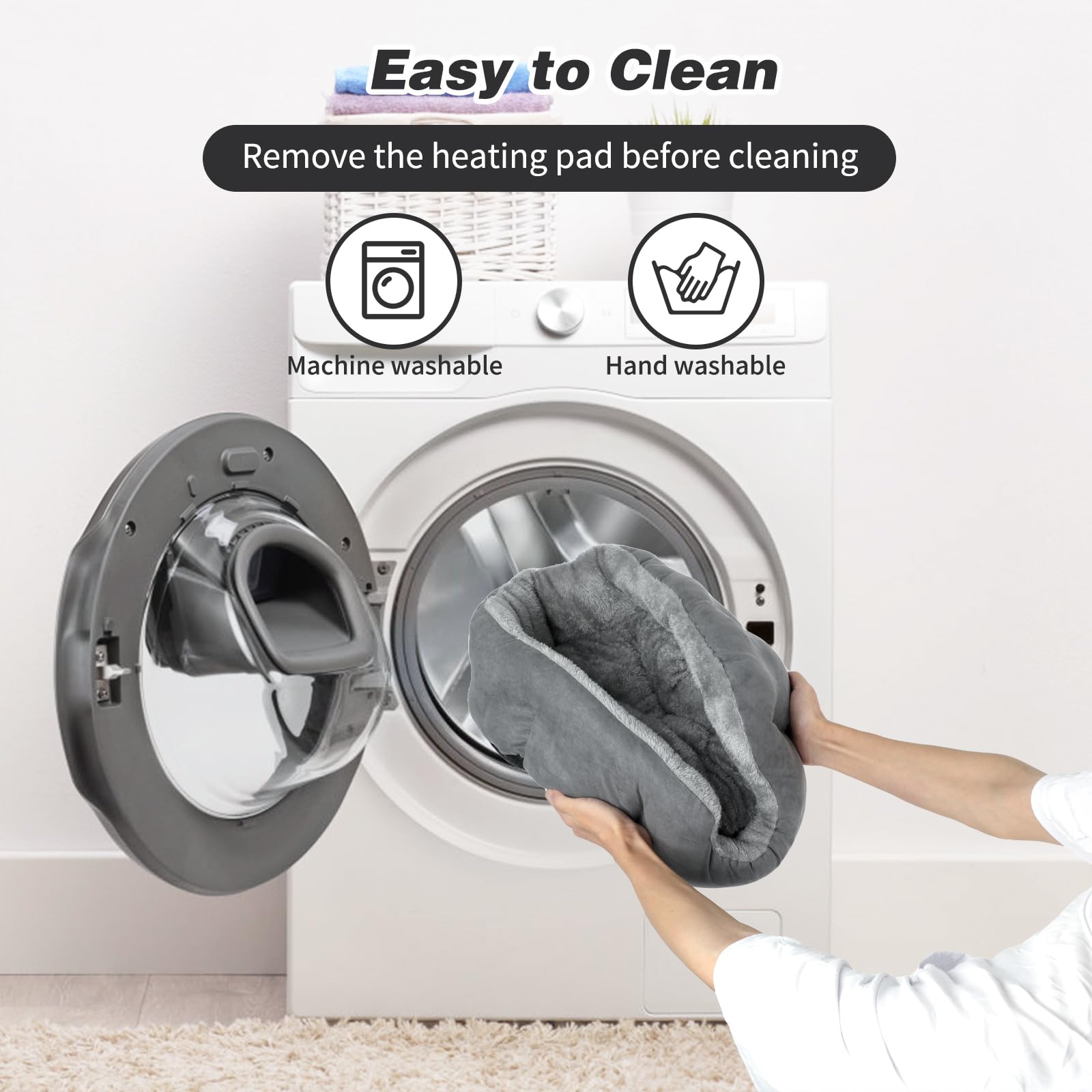 Lonepetu heated cat bed temperature timer panel illustrating adjustable warmth and auto shutoff