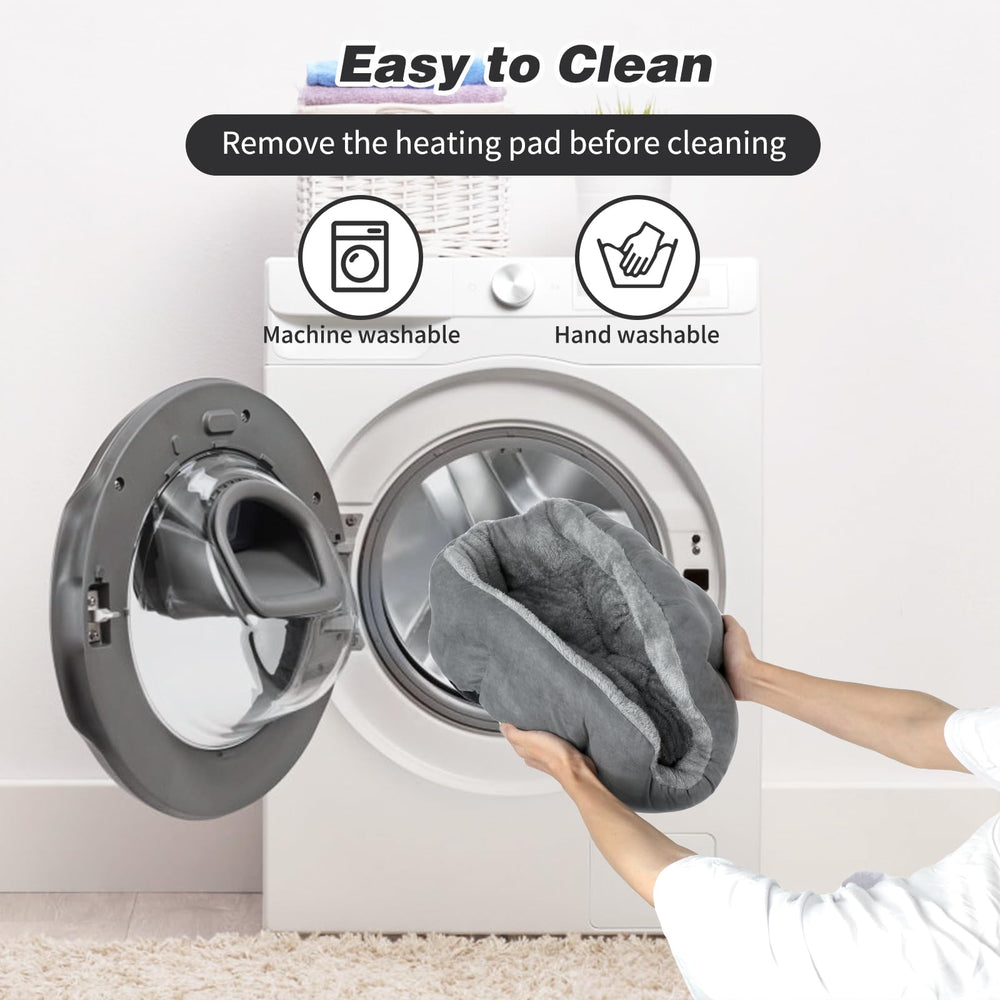 Lonepetu heated cat bed temperature timer panel illustrating adjustable warmth and auto shutoff