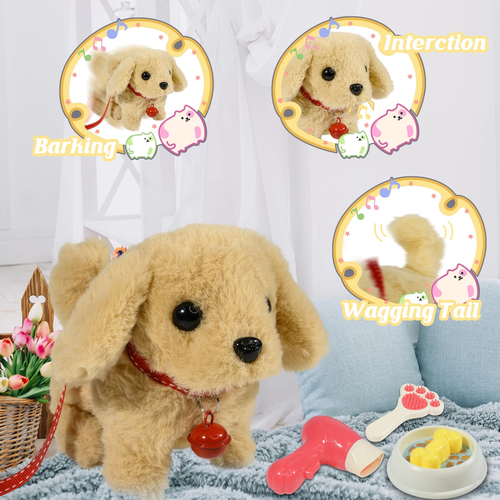 Lonfypeng plush dog barking feature adds realistic interaction for pretend pet care.