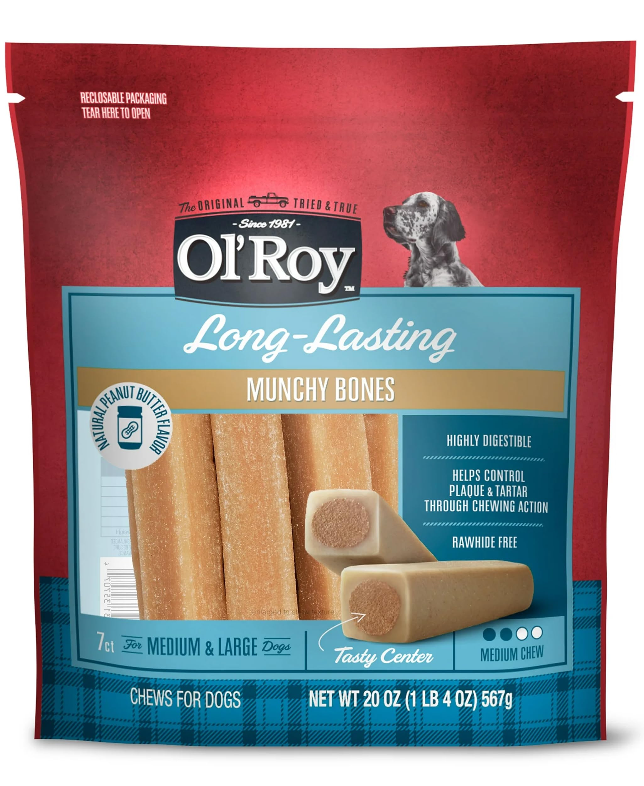Long-Lasting Munchy Bones for Dogs packaging showing durable chew rewards.