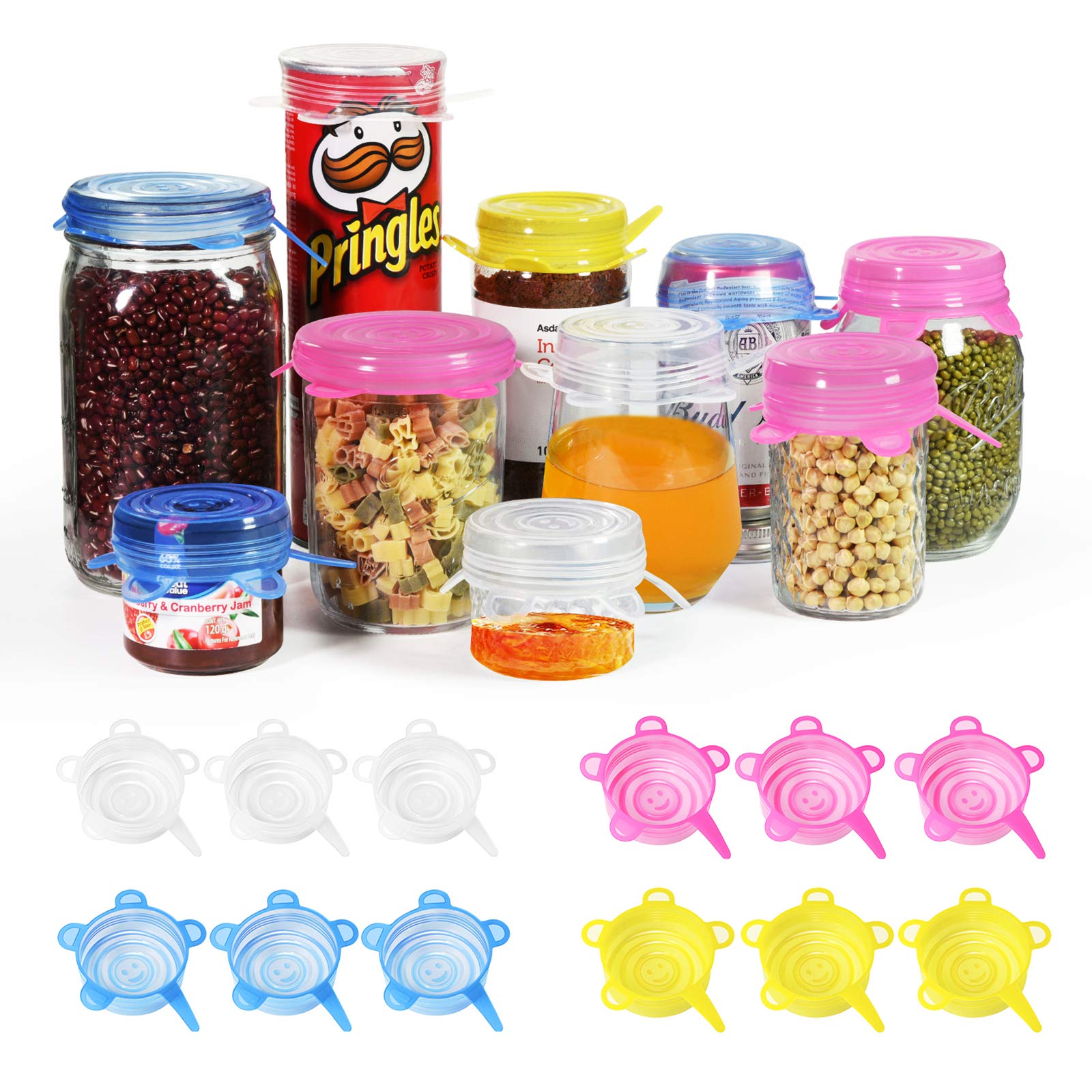 Longzon silicone stretch lids pack 12 shown, reusable storage for small bowls and cans.