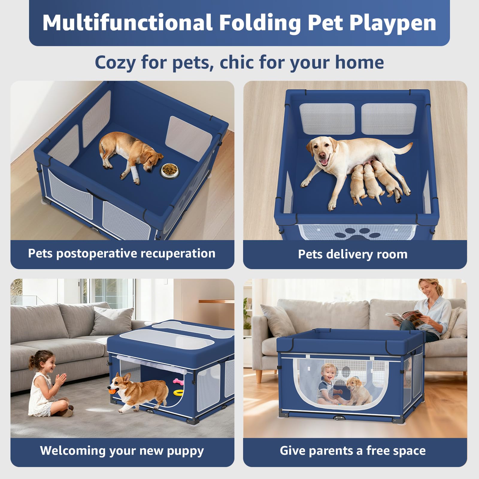 LOOBANI dog playpen dimensions 43.3 by 43.3 by 27.1 inches for small to medium pets.