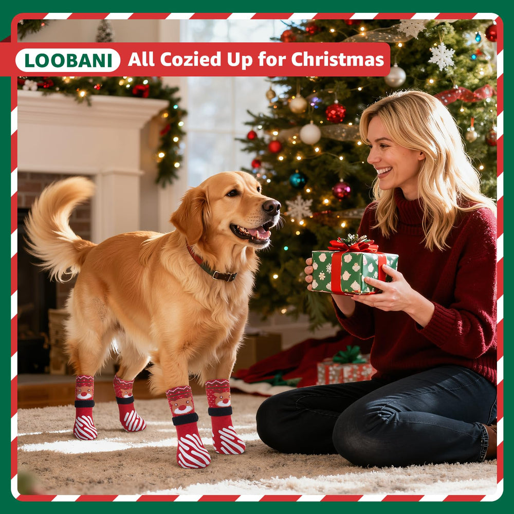 LOOBANI dog socks adjustable-straps closeup shows secure fit for active indoor dogs.