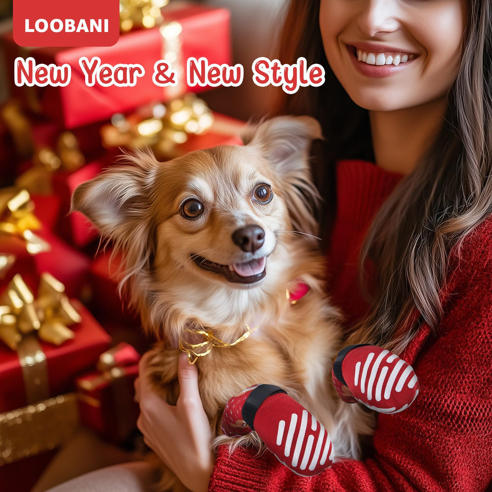 LOOBANI dog socks holiday-scene conveys festive vibe with practical indoor protection.