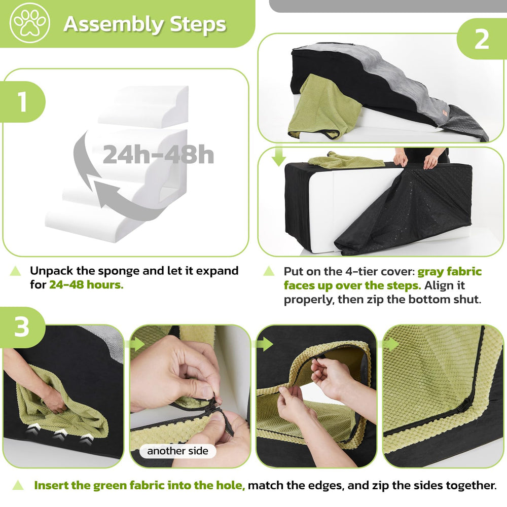 LOOBANI dog stairs high bed in-use on bed shows gentle slope.