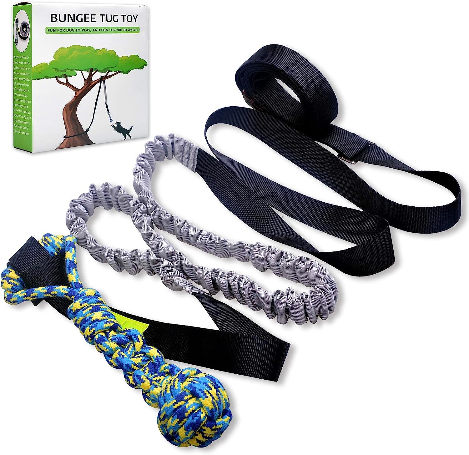 LOOBANI Outdoor Bungee Tug Toy hanging from a tree branch for interactive exercise and boredom relief