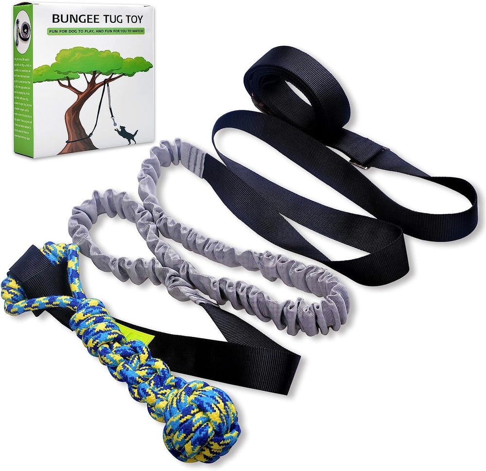 LOOBANI Outdoor Bungee Tug Toy hanging from a tree branch for interactive exercise and boredom relief
