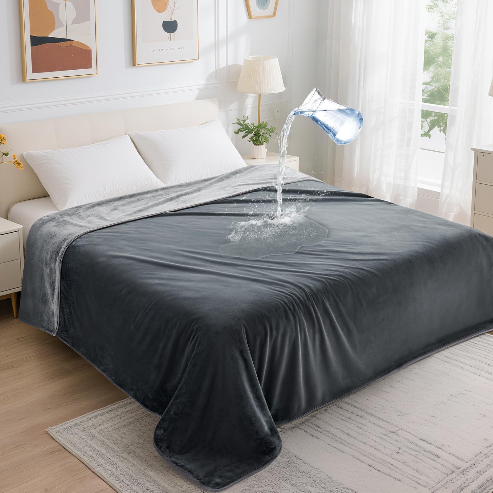 LOOBANI waterproof blanket on a bed provides 60x80 coverage with spill protection.