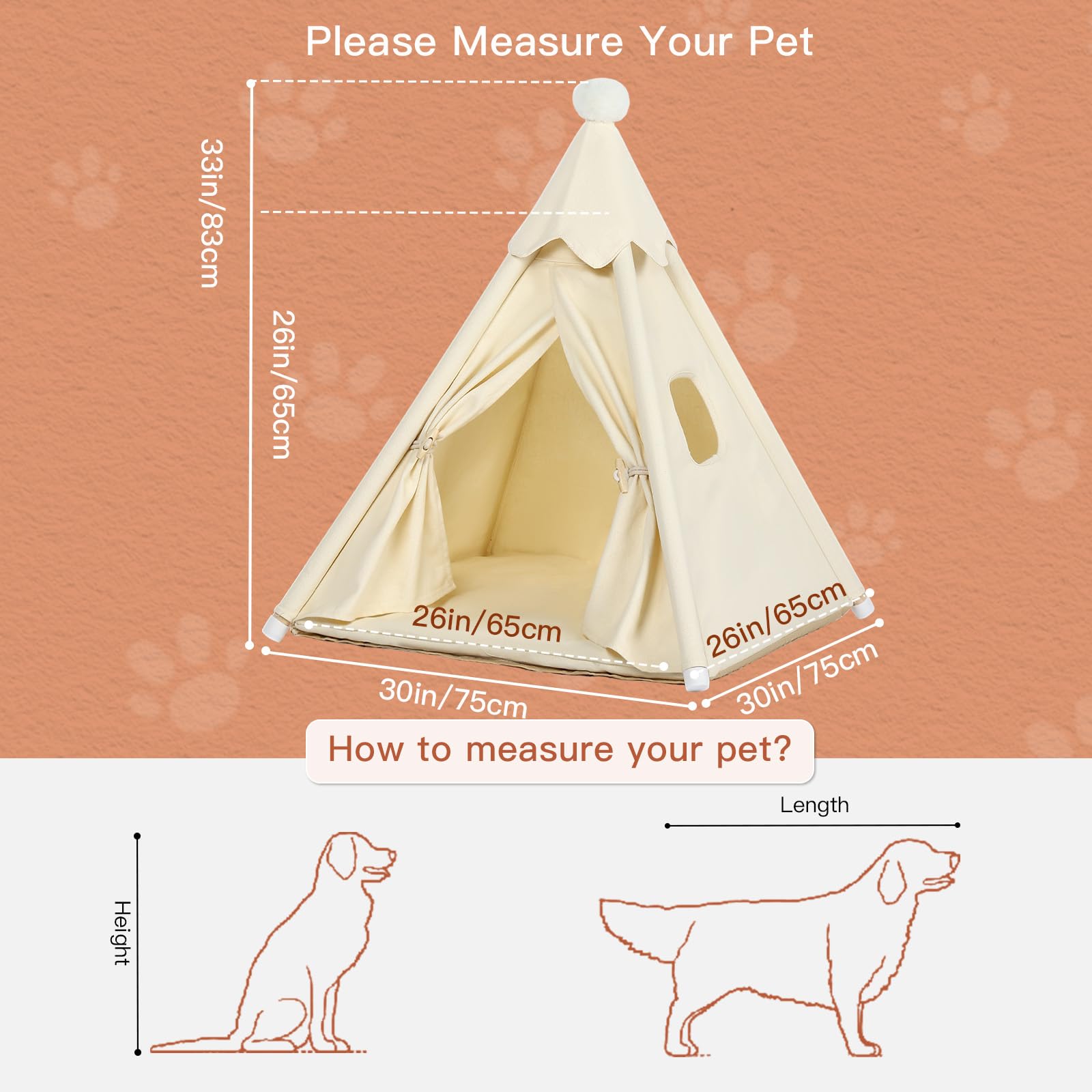 LOOBMBNS teepee interior shows 26x26x26 inches for compact dog naps.