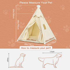 LOOBMBNS teepee interior shows 26x26x26 inches for compact dog naps.