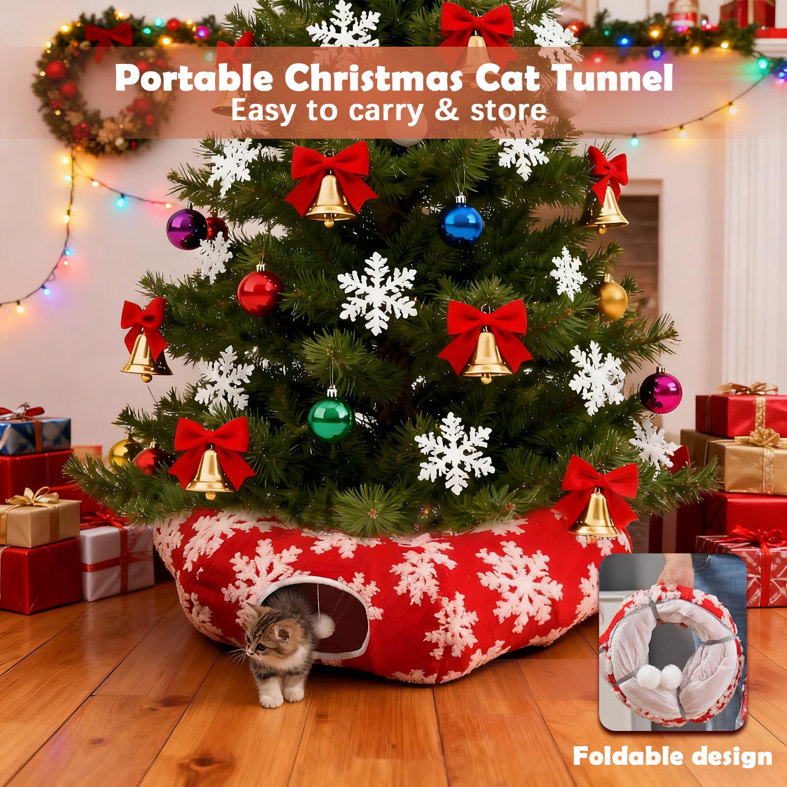 LoopTime red cat tunnel tree skirt blends décor with kitten entertainment.
