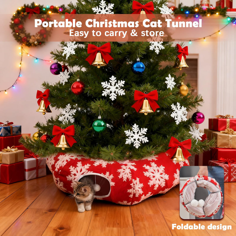 LoopTime red cat tunnel tree skirt blends décor with kitten entertainment.