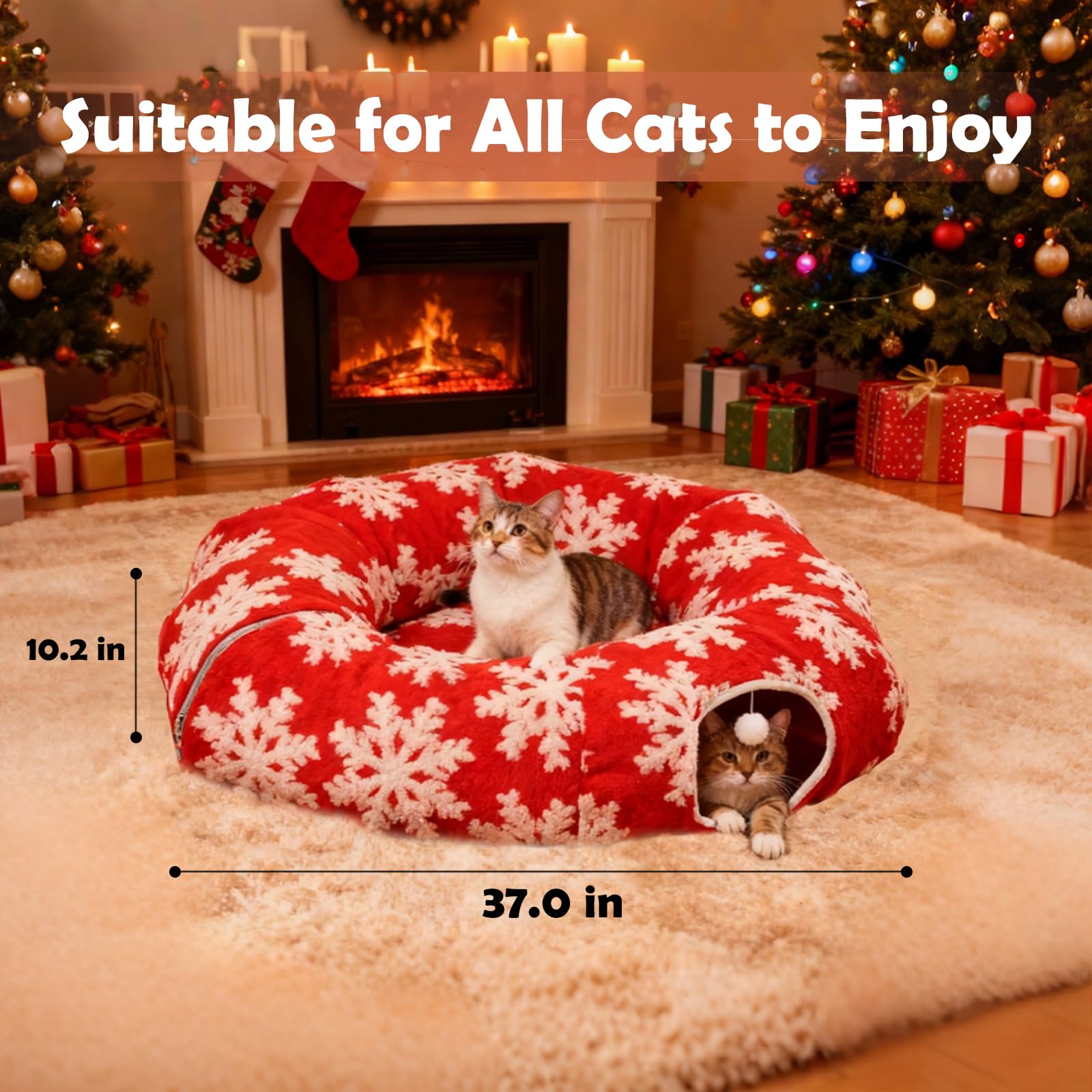 LoopTime cat tunnel Christmas tree skirt setup around the tree for safe play.