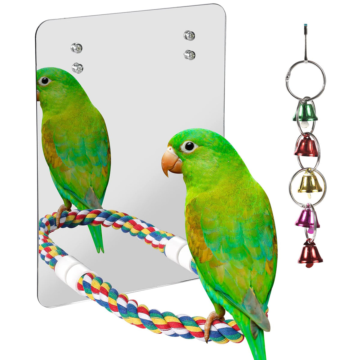 LOPERDEVE bird mirror 10-6 inch with rope perch for cage enrichment.