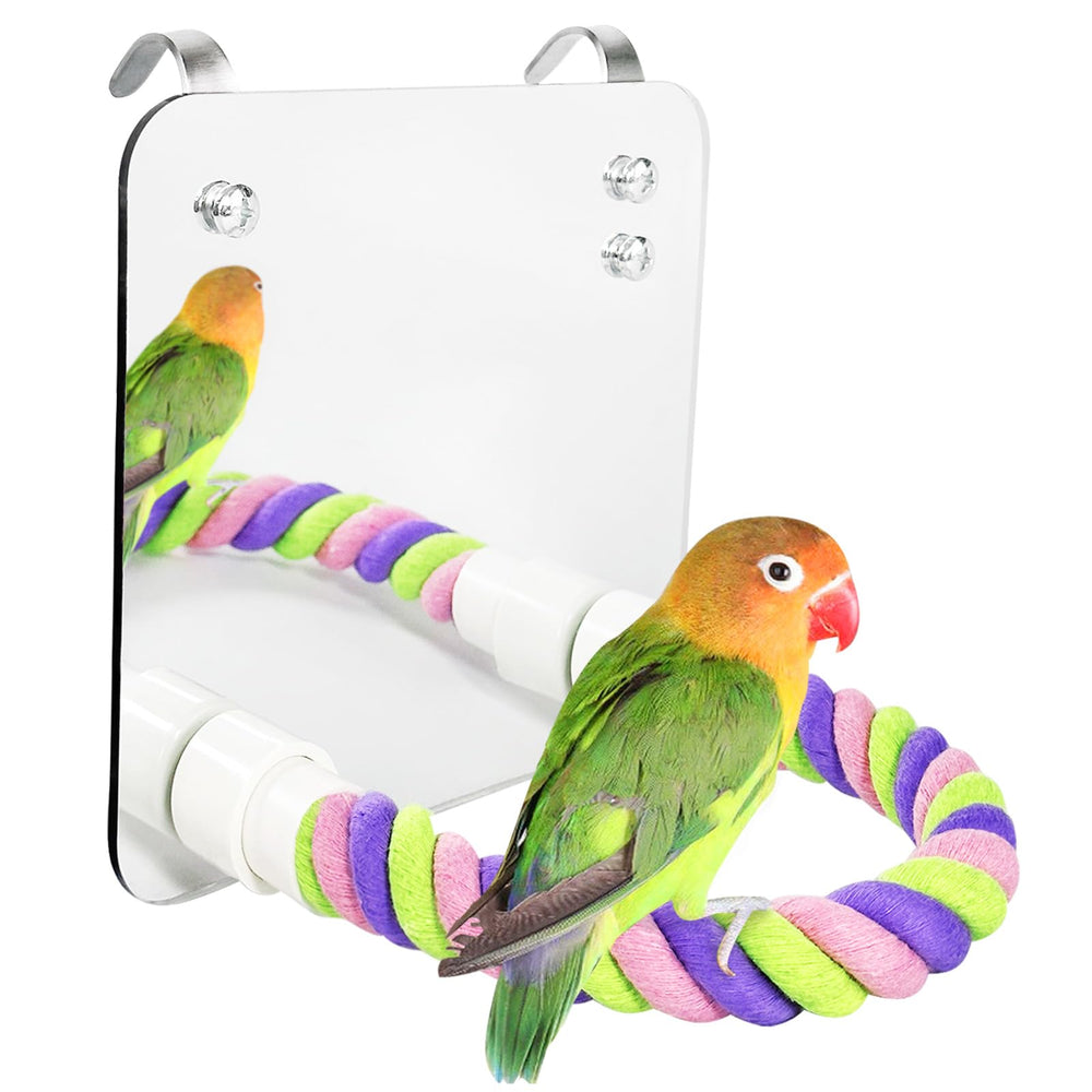 LOPERDEVE 5.9-inch bird mirror with rope perch provides safe enrichment for parrots.
