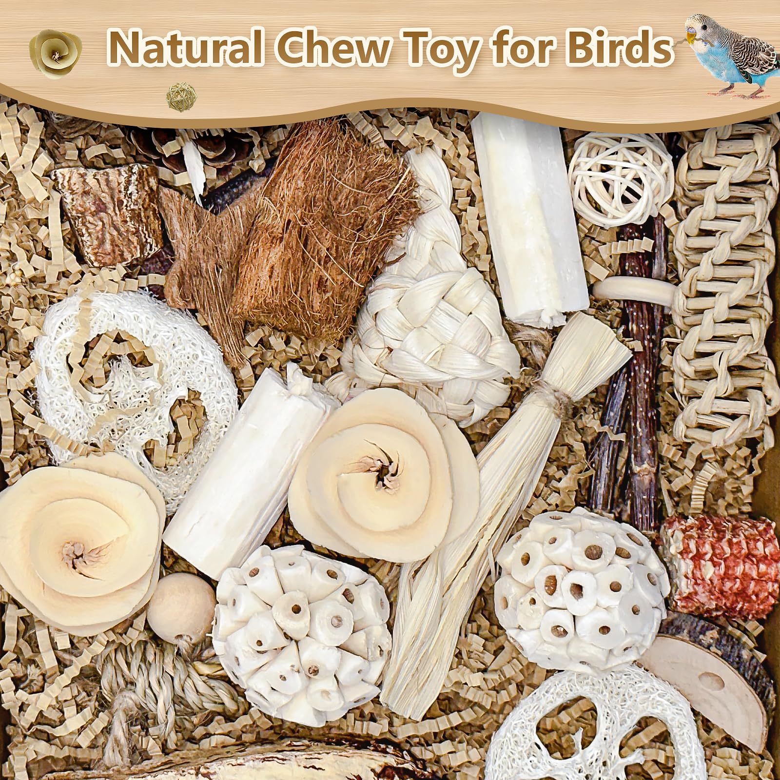 LOPERDEVE natural bird toy box filled snacks demonstrates refillable foraging fun.
