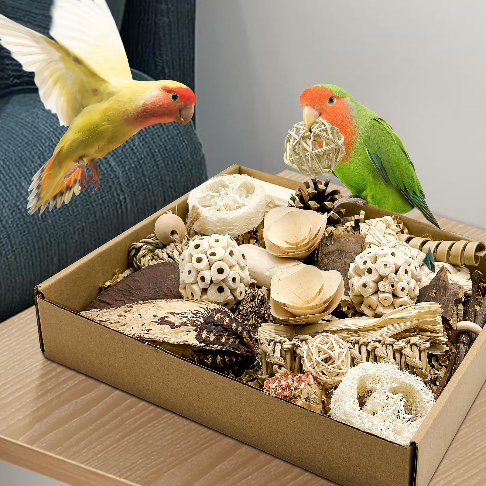 LOPERDEVE natural bird toy cockatiel scene emphasizes safe chewing and play.