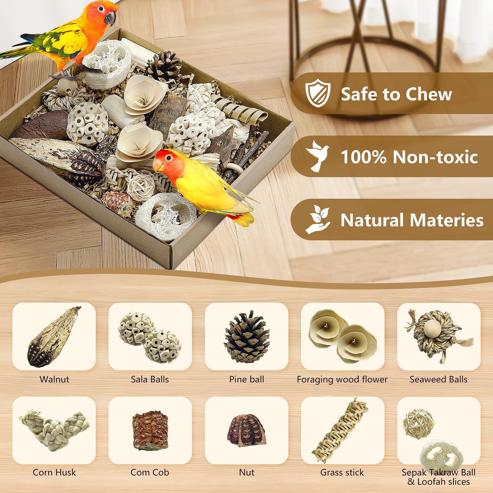 LOPERDEVE natural bird toy materials collection highlights eco-friendly chew options.
