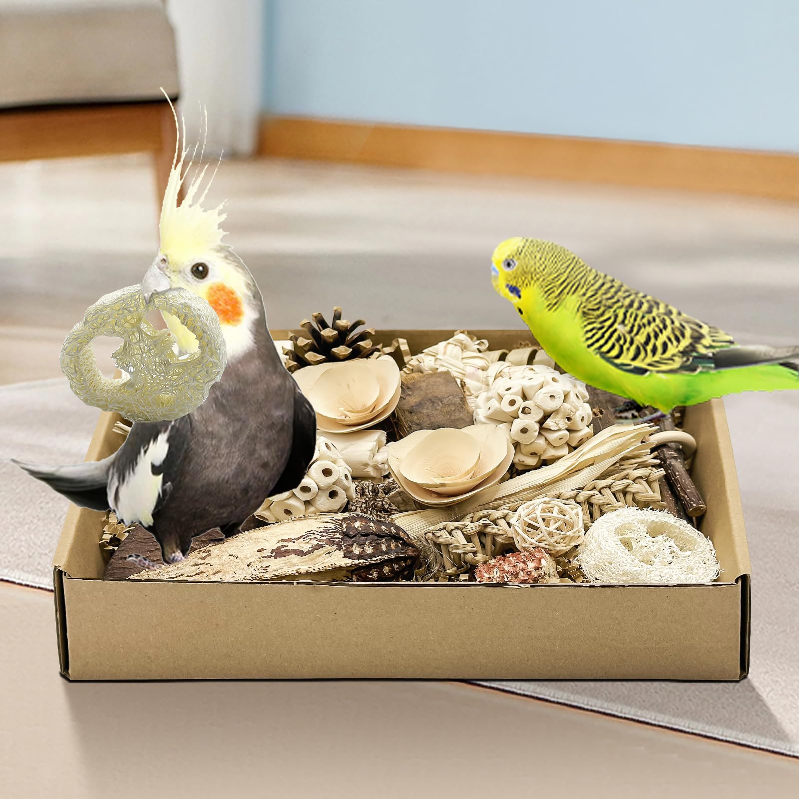 LOPERDEVE natural bird toy nature color closeup communicates tactile textures.