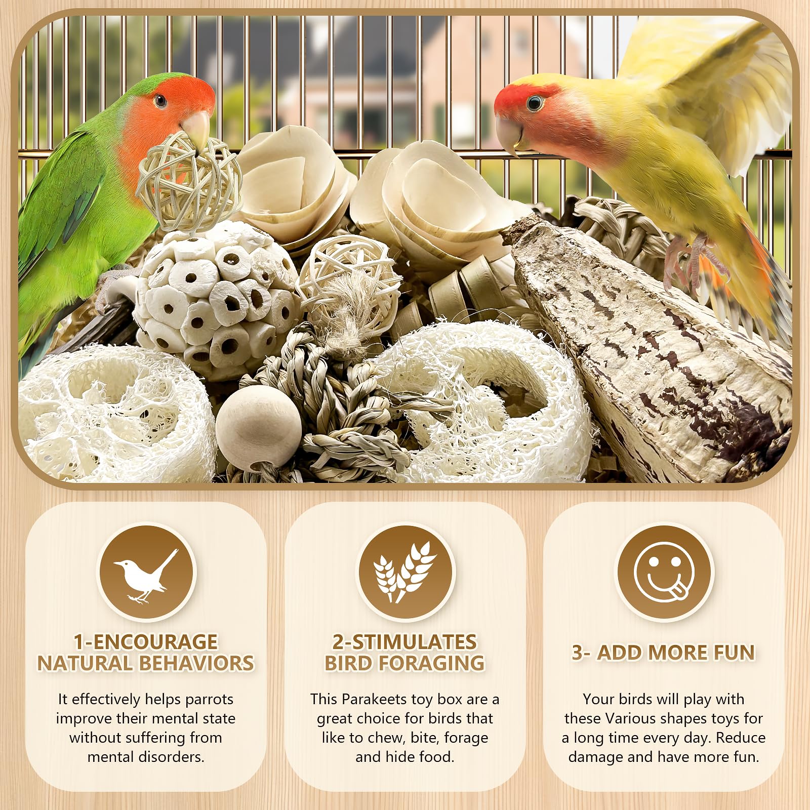 LOPERDEVE natural bird toy parakeet scene shows active shredding and exploration.