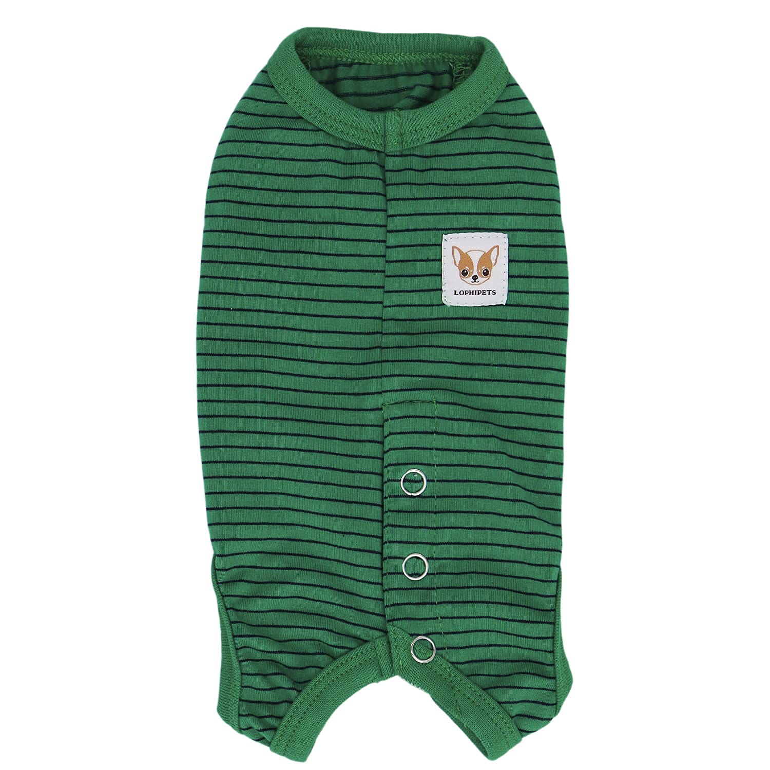 LOPHIPETS Girl Dog Shirts Pajamas green strips back view showing belly coverage