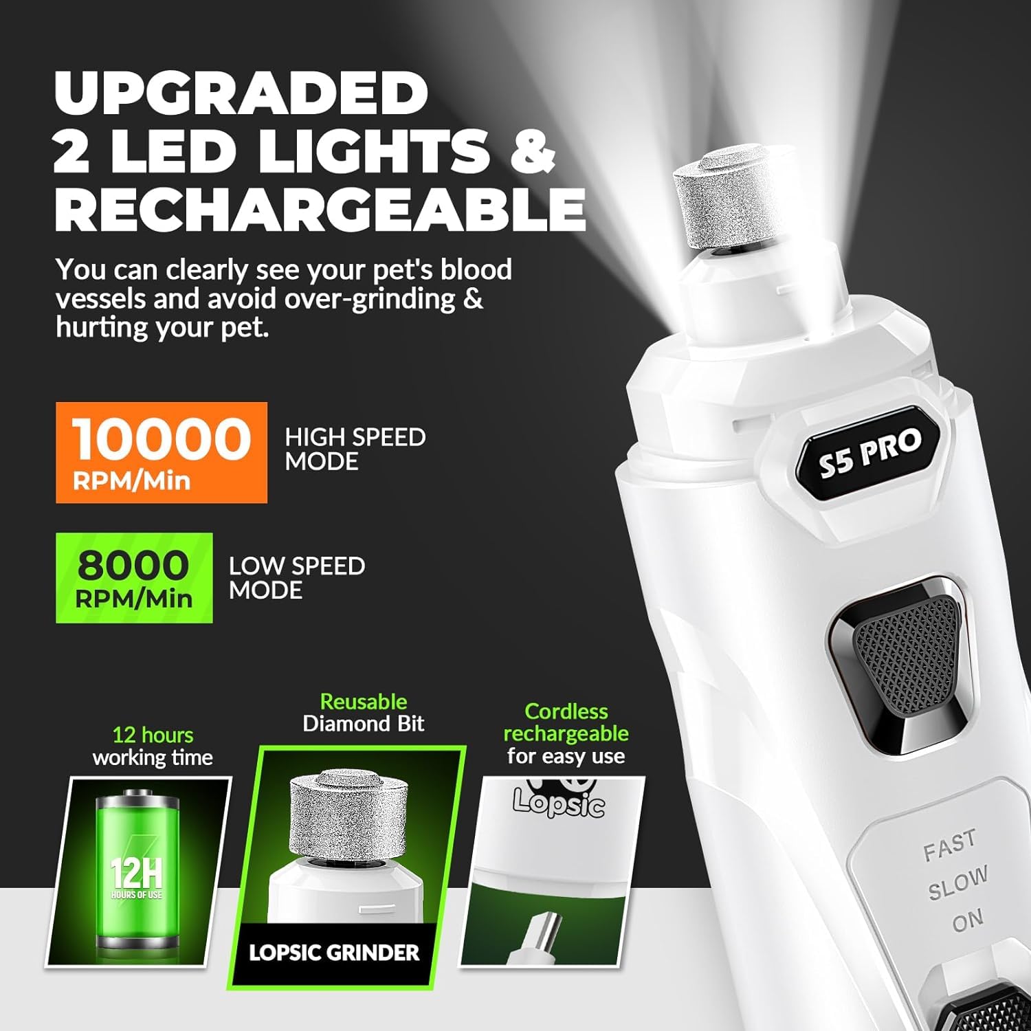 LOPSIC nail grinder offers 2 speeds for different nail textures.