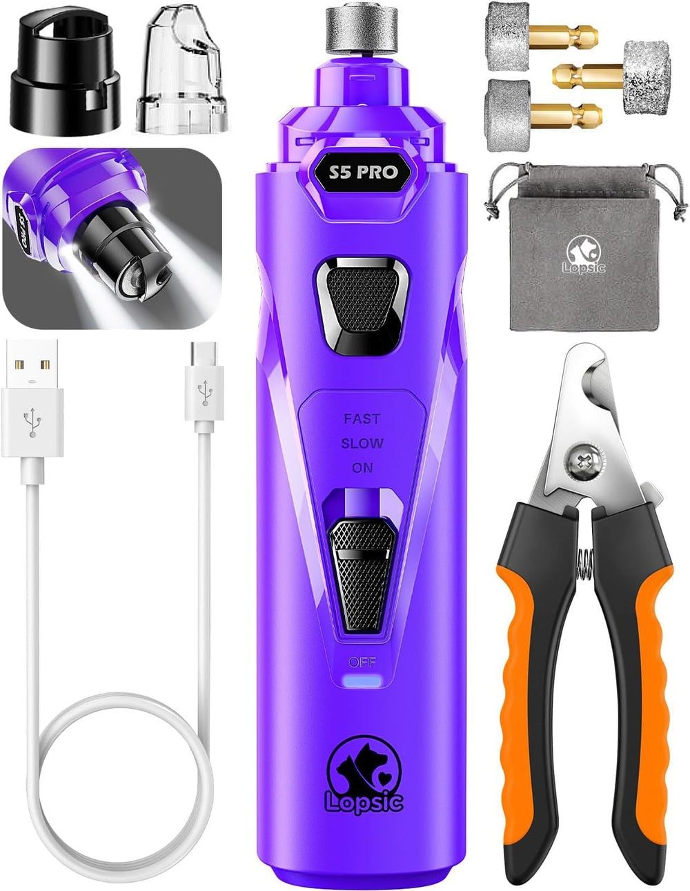 LOPSIC dog nail grinder front view for easy at-home nail care