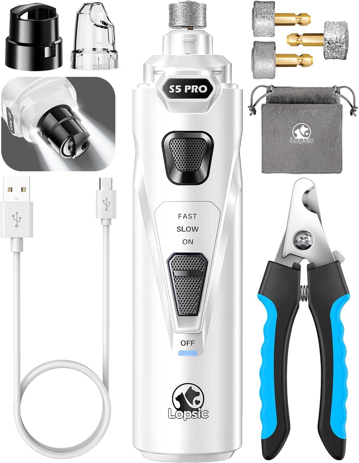 LOPSIC dog nail grinder with LED lights enabling precise at-home nail care.