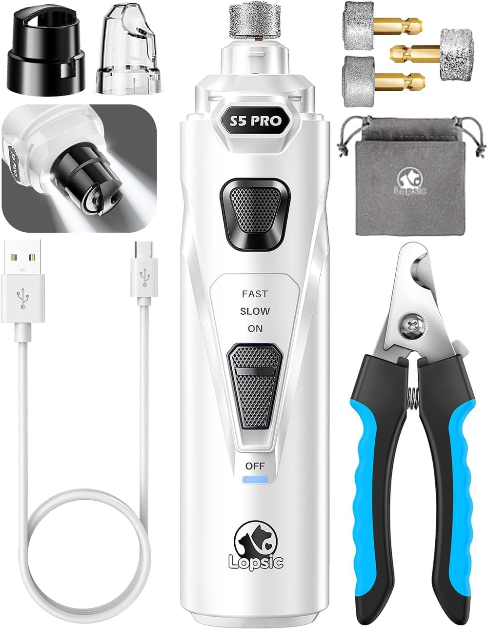 LOPSIC dog nail grinder with LED lights enabling precise at-home nail care.