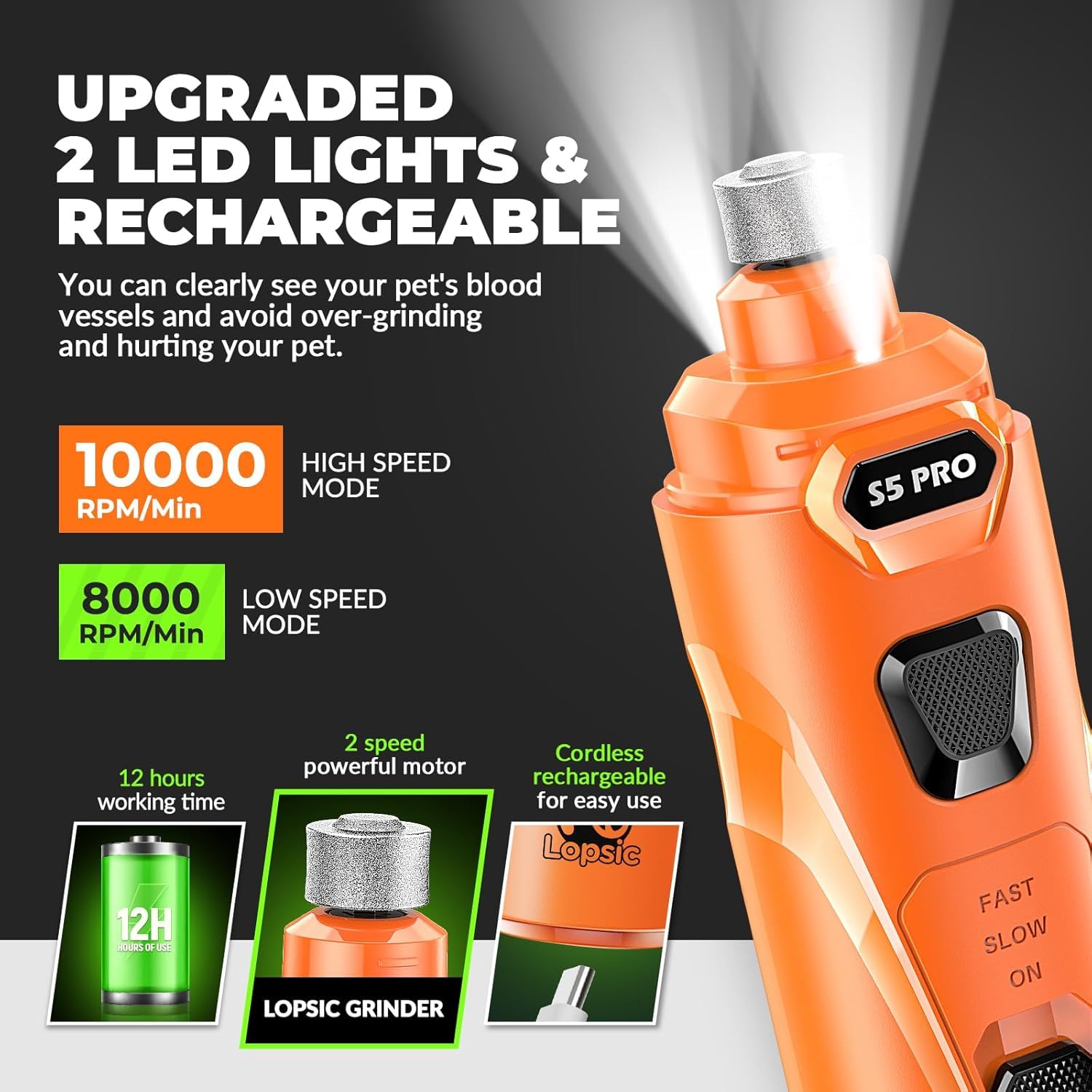 LOPSIC dog nail grinder three ports demonstrate customization for nail sizes.