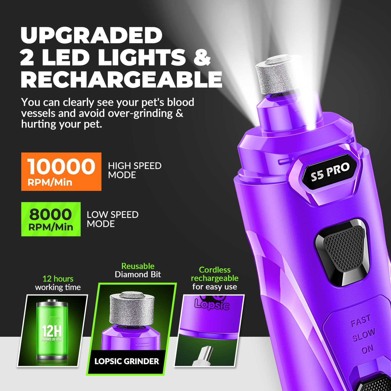 LOPSIC dog nail grinder operates quietly for stress-free grooming sessions