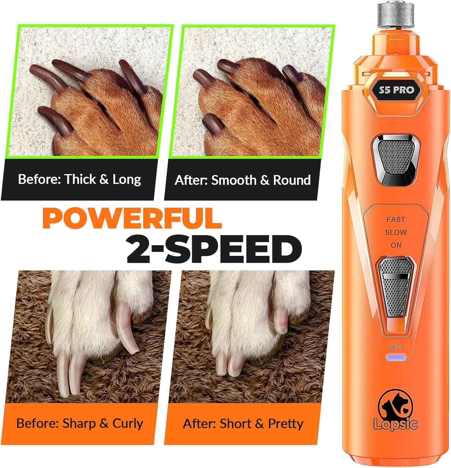 LOPSIC dog nail grinder rechargeable design emphasizes cordless convenience.