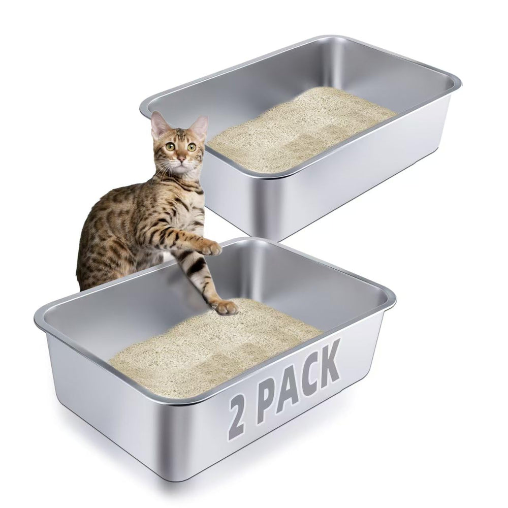 LOPYK stainless steel cat litter box front view highlights durable, easy-clean surface.