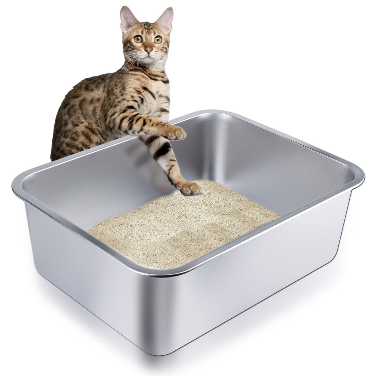 LOPYK stainless steel cat litter box front view shows durable rust-proof construction and easy cleaning