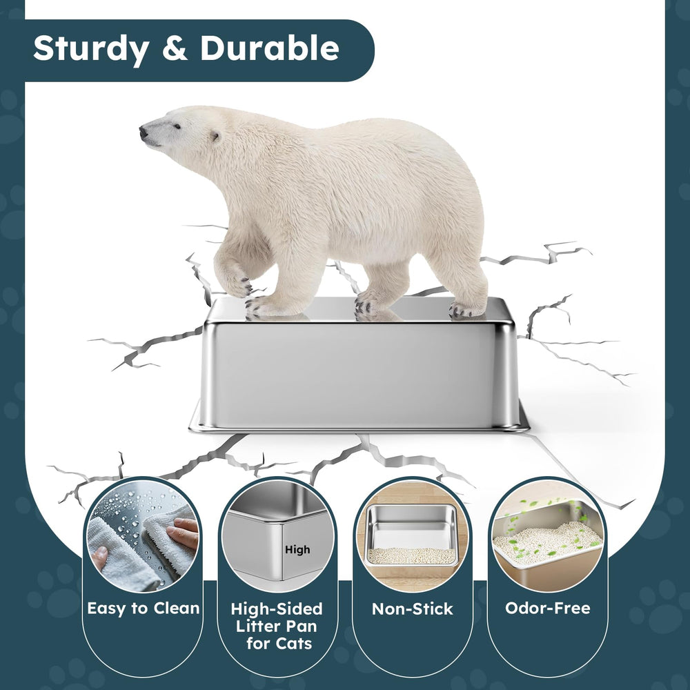 LOPYK stainless steel litter box with 6 inch high sides for minimal scatter