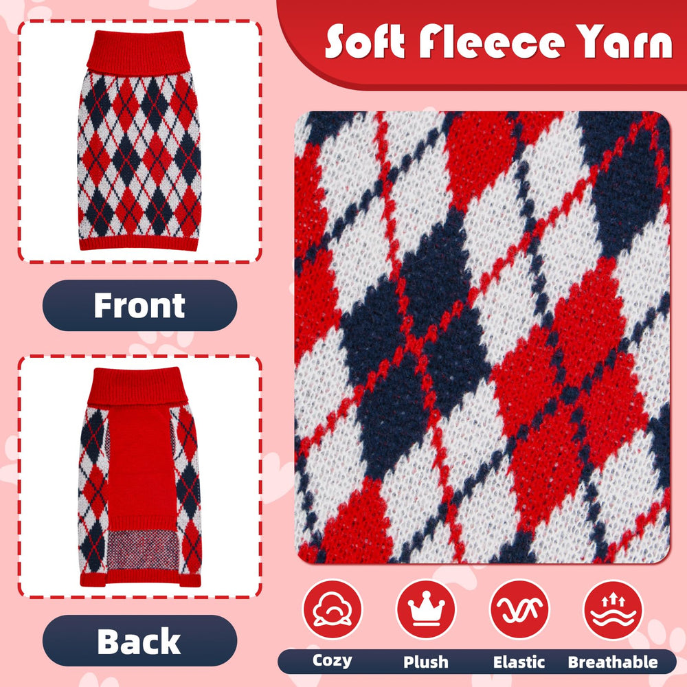 Lorehelina dog sweater knit turtleneck plaid back view illustrates seamless stitching.