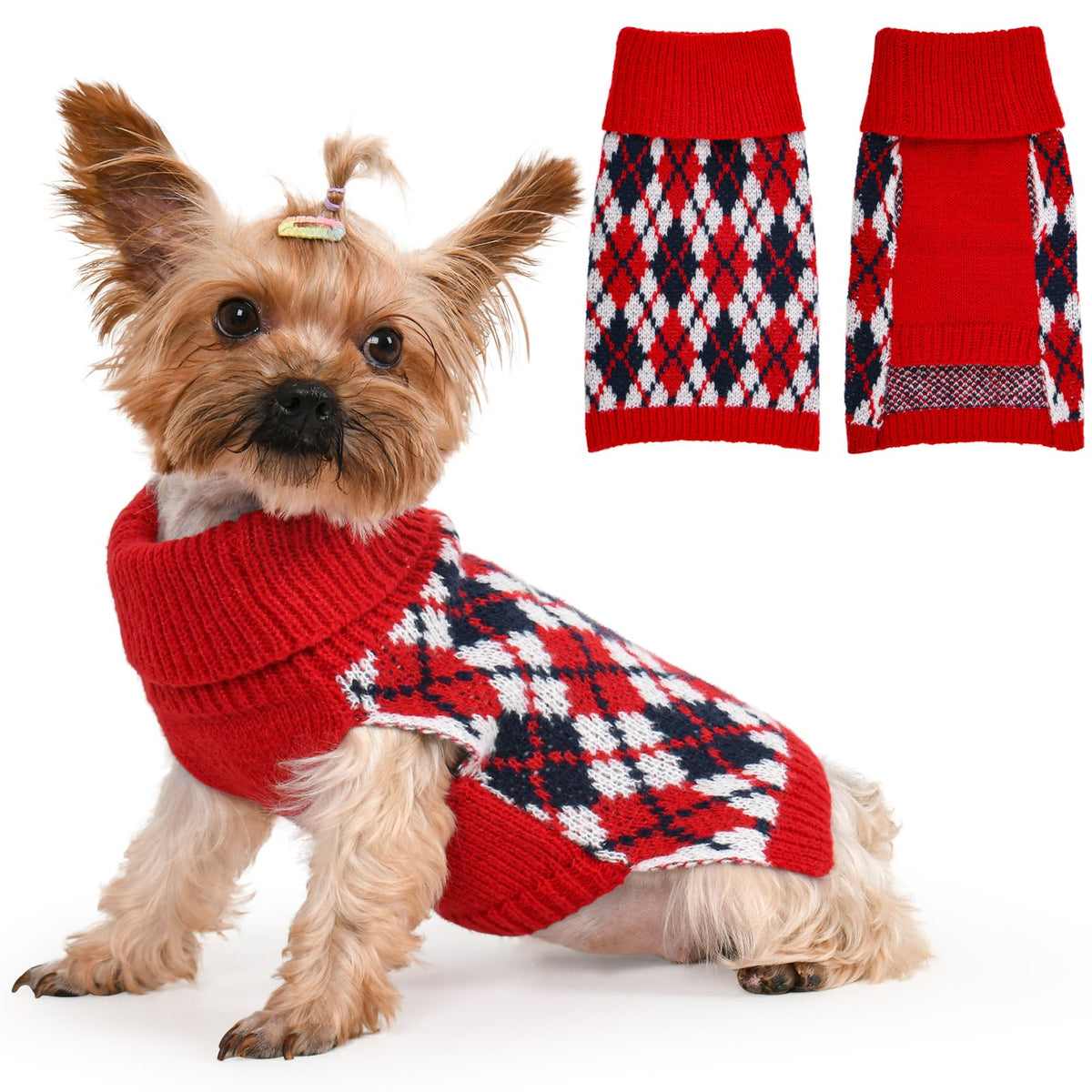 Lorehelina dog sweater knit turtleneck plaid front view for cozy winter warmth.