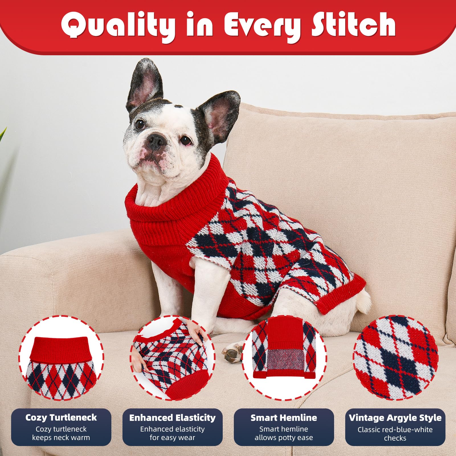 Lorehelina dog sweater knit turtleneck plaid side view shows flexible fit for movement.
