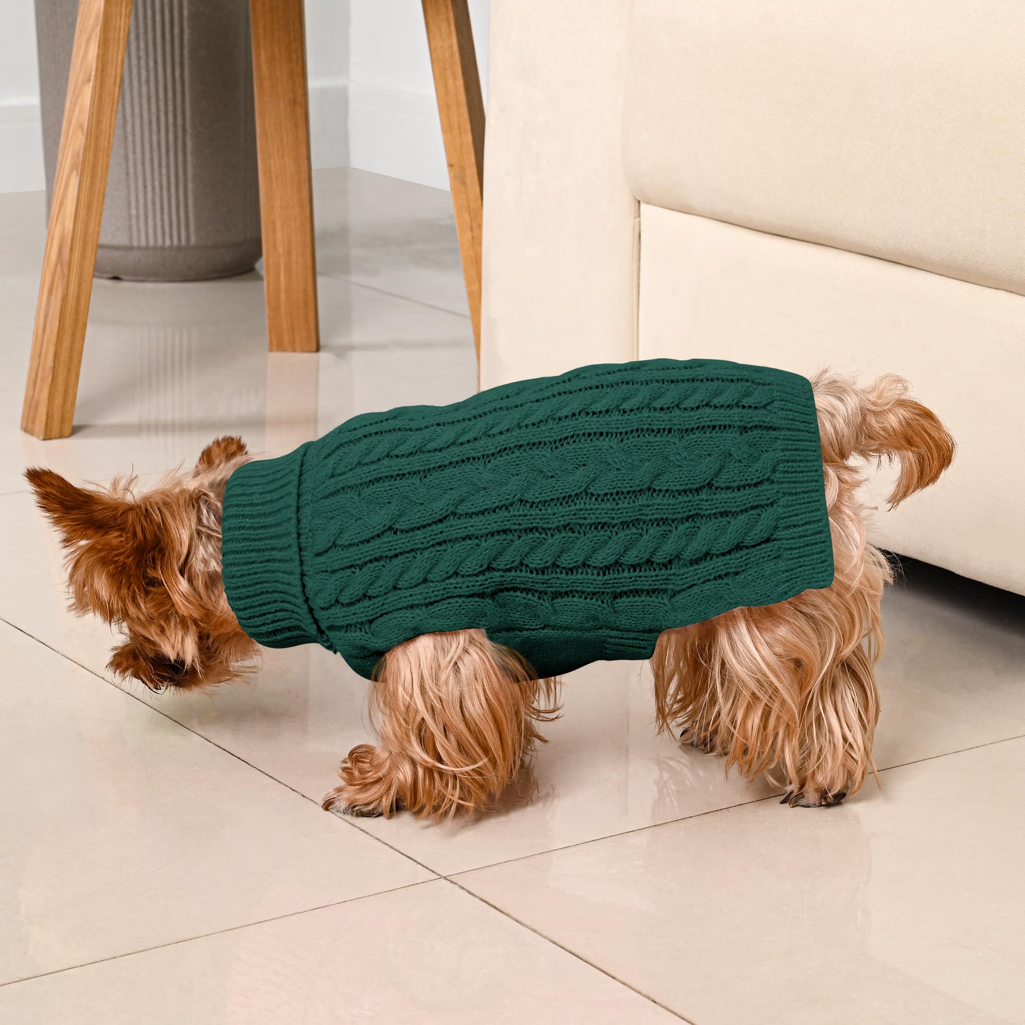 Lorehelina dog sweater stretchy fabric closeup emphasizes easy care and minimal shrinkage.